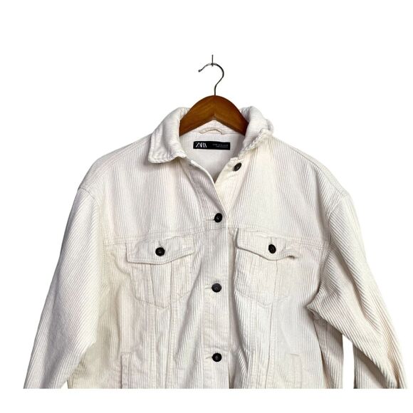 Zara Oversized Ribbed Corduroy Raw Hem Button Down Jacket Pockets XS Ivory #4129 - Picture 4 of 15